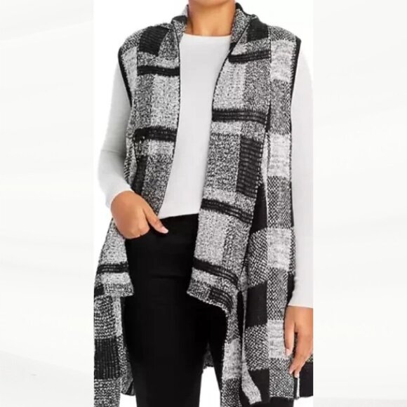 Joseph A. Woman Sweaters - Joseph A. Woman Plaid Lightweight Sleeveless Draped Open Front Sweater Vest, 2X